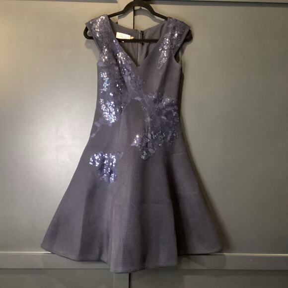 rickie freeman teri jon a line navy sleeveless floral sequin applique dress 2 - Picture 12 of 13